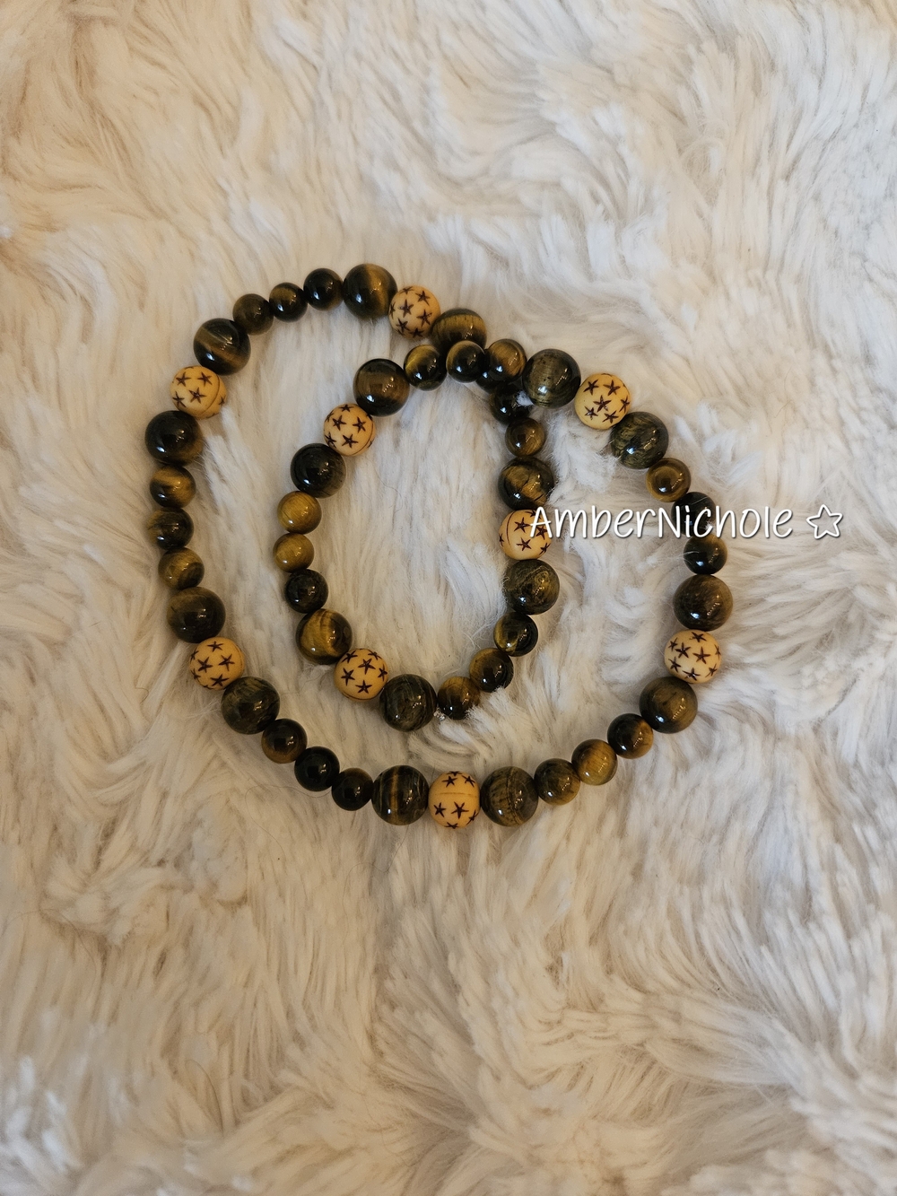 ☆Tiger Eye and Yellow Star Bead Stretch Bracelet Set